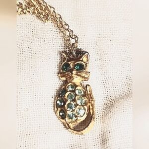 Kitty/Cat Pendant with Green Crystals Golden Necklace. Vintage